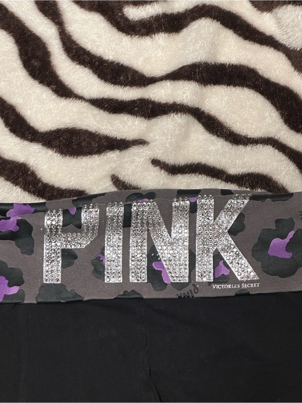 PINK Victoria's Secret Black Yoga Pants with Purple Leopard Fold-Over Waistband - Picture 4 of 5